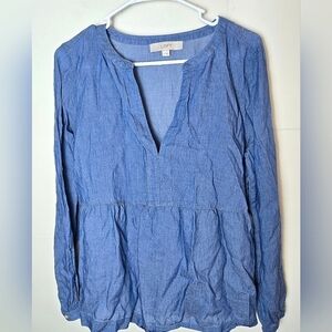 Women's Loft Faux Denim V-Neck Chambray Blouse, Size Medium